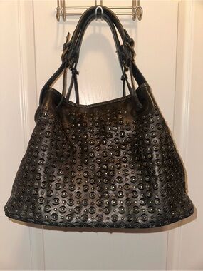 Black Studded Leather Shoulder Bag with Eyelet Detailing